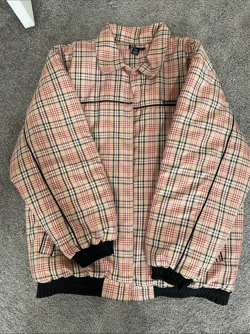 Burberry Plaid Bomber Jacket in Beige with Black Trim